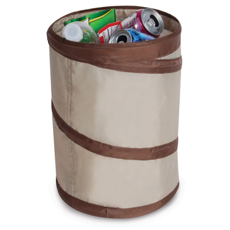 Smart Design Spiral Pop Up Trash Bin with Open Top - Easy to Clean Design - for Recyclables, Garbage, Paper Clutter, Trash Bin - Home - 9.5 x 13 Inch - Beige with Dark Brown Trim - Image 1